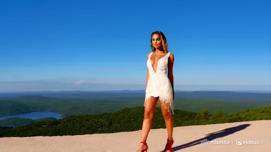 Elegant Woman in Stunning Dress Enjoys Enchanting Landscape – AI Generated Video | Hailuo AI