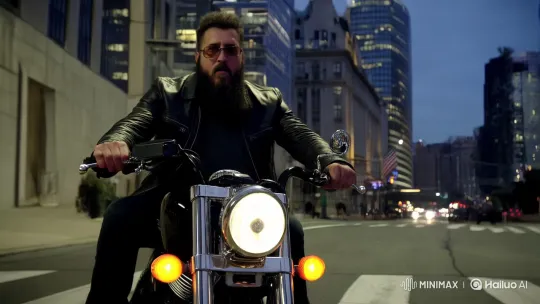 Urban Chaser: Bearded Man on Harley Evades Police – AI Generated Video | Hailuo AI