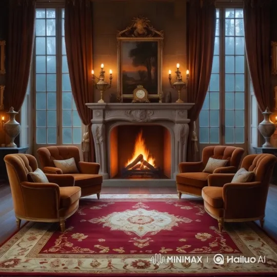 Luxurious Room with Grand Fireplace and Serene Rain – AI Generated Video | Hailuo AI