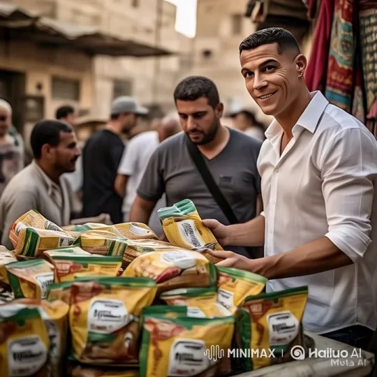 Ronaldo Distributes Food in Bustling Market – AI Generated Video | Hailuo AI