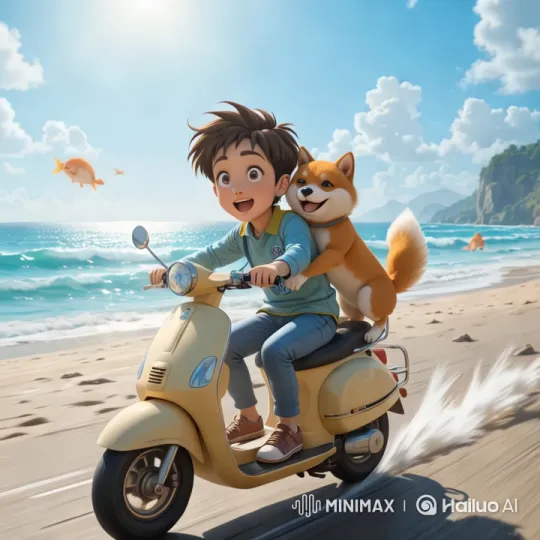 Boy and Shiba Inu Enjoy High-Speed Scooter Ride on Beach – AI Generated Video | Hailuo AI
