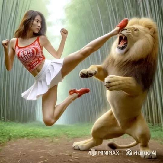 Woman in Red Tank Top High Kicks Lion in Bamboo Forest – AI Generated Video | Hailuo AI