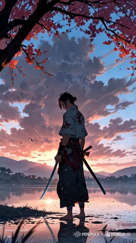 Contemplative Samurai in Tranquil Cherry Blossom Landscape – AI Generated Video | Hailuo AI