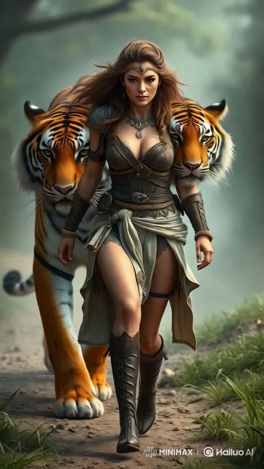 Warrior Queen Walks with Tigers in Lush Forest – AI Generated Video | Hailuo AI