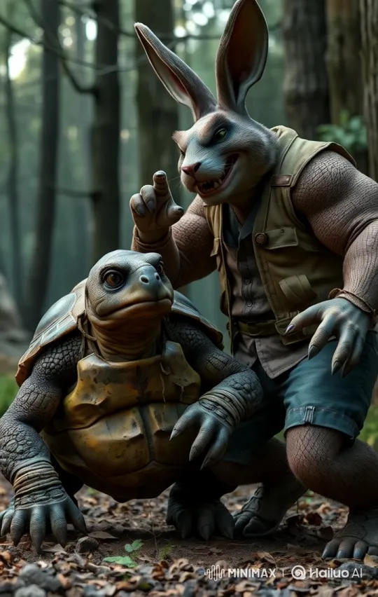 Turtle and Rabbit Monsters in Forest Encounter – AI Generated Video | Hailuo AI