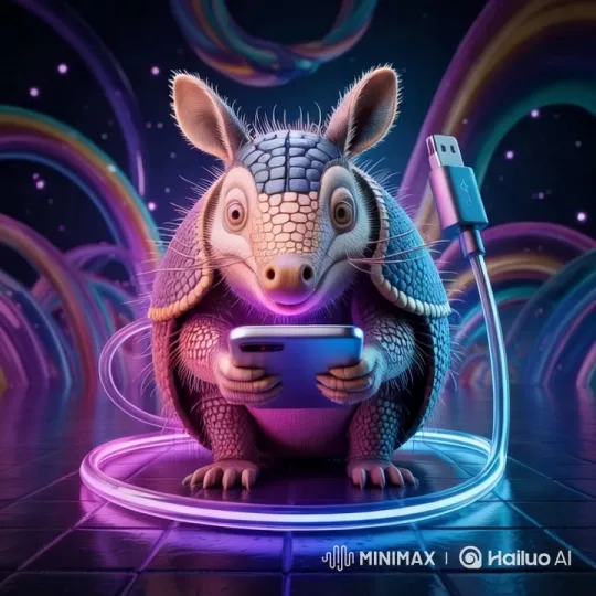 Futuristic Armadillo Charges Cellphone in Psychedelic World – AI Generated Video | Hailuo AI