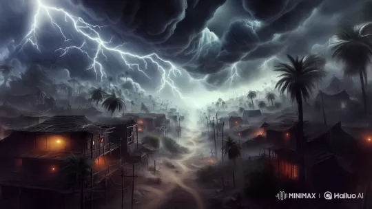 Dramatic Storm Engulfs Desolate Village at Night – AI Generated Video | Hailuo AI