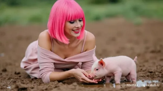 Person Feeds Piglet, Cow Grazes Peacefully – AI Generated Video | Hailuo AI