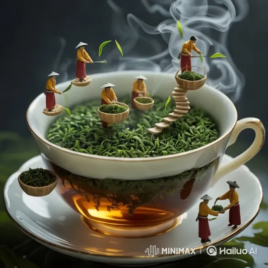 Tiny Tea Farmers Harvest in Floating Plantation Miniature – AI Generated Video | Hailuo AI