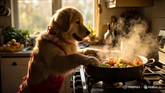 Dog in Apron Cooks Food in Sunny Kitchen – AI Generated Video | Hailuo AI