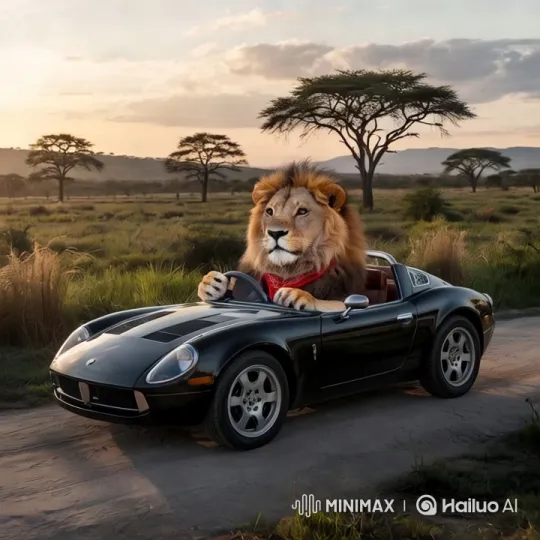 Lion Drives Convertible Amidst Savannah's Wildlife – AI Generated Video | Hailuo AI