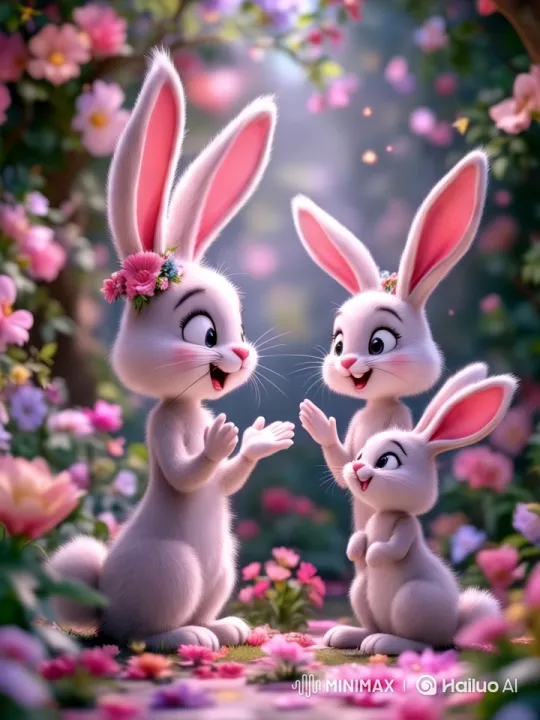 Adorable Bunnies Embrace in a Flower-Filled Garden – AI Generated Video | Hailuo AI
