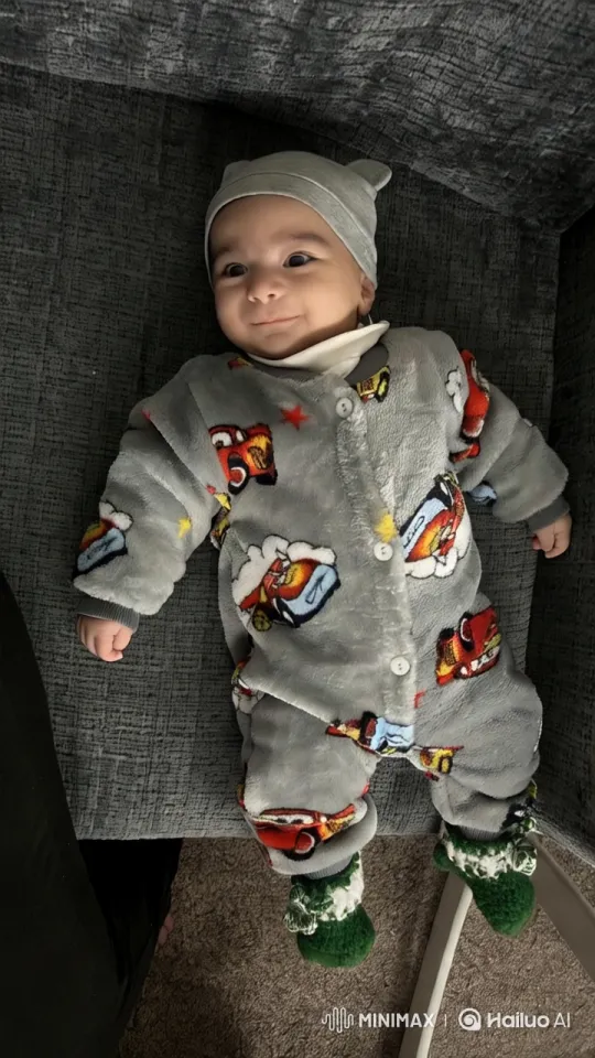 Cozy Baby in Colorful Onesie on Grey Couch – AI Generated Video | Hailuo AI