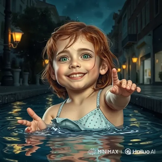 Magical Street Scene: Girl in Reflective Pool – AI Generated Video | Hailuo AI