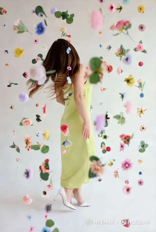 Enchanted Woman Amidst Floating Flowers – AI Generated Video | Hailuo AI