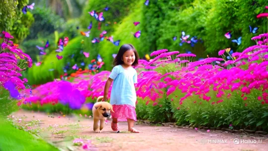 Indonesian Girl and Puppy in a Flower Garden – AI Generated Video | Hailuo AI