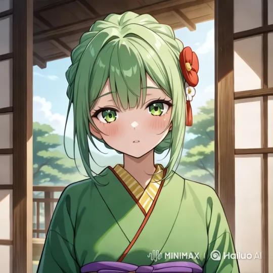 Green-Haired Dancer in Serene Kimono Performance – AI Generated Video | Hailuo AI