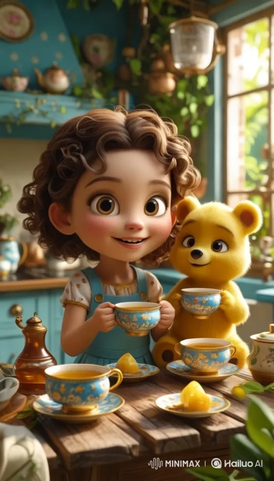 Bella and Bear Enjoy Tea in Cozy Kitchen – AI Generated Video | Hailuo AI
