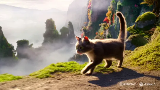 Cat Chases Rat Across Misty Mountain in Dramatic Scene – AI Generated Video | Hailuo AI