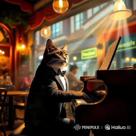Tuxedo Cat Plays Piano with Grace in Cozy Café – AI Generated Video | Hailuo AI