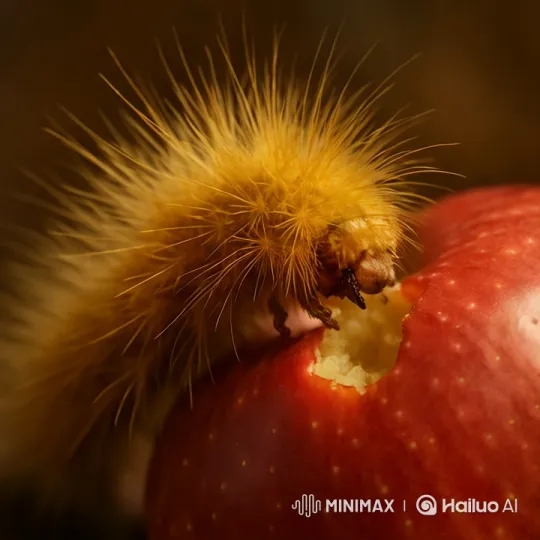 Golden Caterpillar Munching on Red Apple Macro Video – AI Generated Video | Hailuo AI
