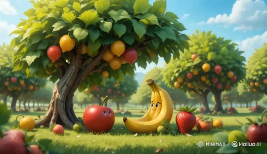 Animated Fruits Enjoying Camaraderie in a Lush Orchard – AI Generated Video | Hailuo AI