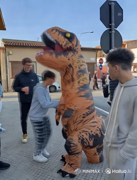 Inflatable Dinosaur Costume Pranks and Takes Flight – AI Generated Video | Hailuo AI