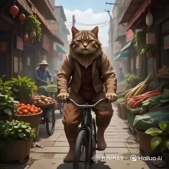Aesthetic Cat Rides Bicycle Through Vibrant Market – AI Generated Video | Hailuo AI