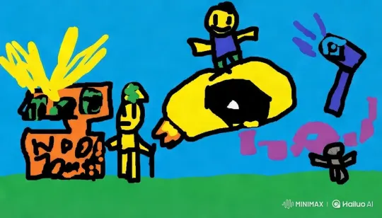 Vibrant Childlike Drawing with Spaceship and Figures – AI Generated Video | Hailuo AI
