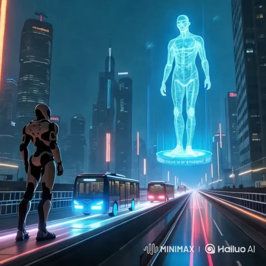 Futuristic Cityscape with Robot and Hologram – AI Generated Video | Hailuo AI