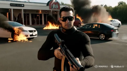 Heroic Tactical Man Amidst Chaotic Bank Siege – AI Generated Video | Hailuo AI