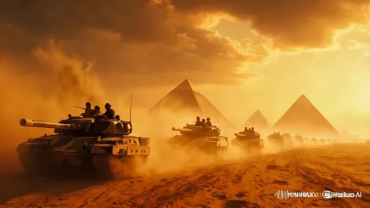 Modern Tanks Advance Past Ancient Pyramids in Dramatic Desert Scene – AI Generated Video | Hailuo AI