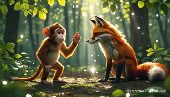 Monkey and Fox Interact in Tranquil Forest – AI Generated Video | Hailuo AI