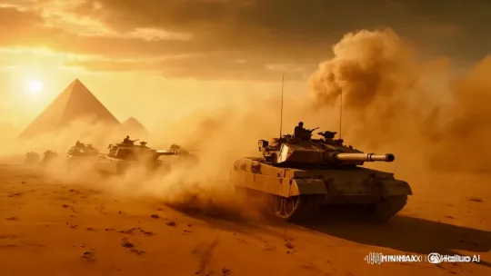 Desert Tanks Advance with Pyramids in Sunset Scene – AI Generated Video | Hailuo AI