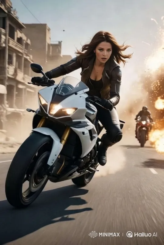 Woman Escapes Urban Chaos on Motorcycle Amidst Explosion – AI Generated Video | Hailuo AI