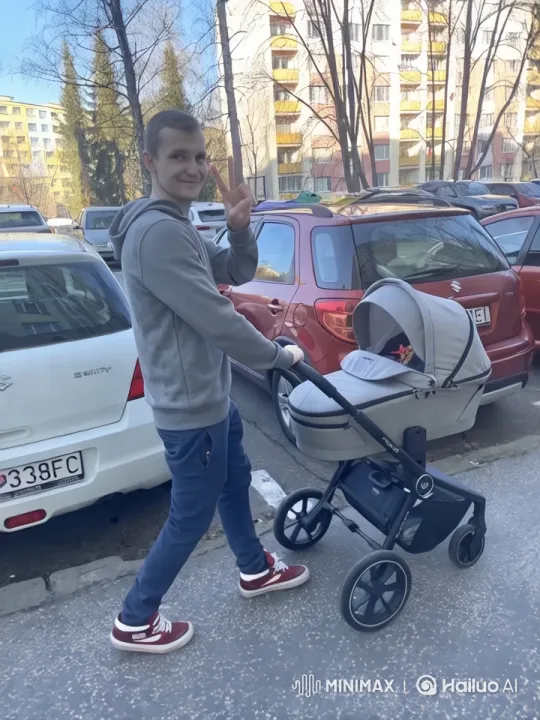 Urban Walk: Man Pushing Stroller with Peace Sign – AI Generated Video | Hailuo AI