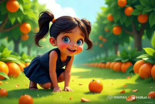 Girl in Orchard Focuses on Rolling Orange – AI Generated Video | Hailuo AI