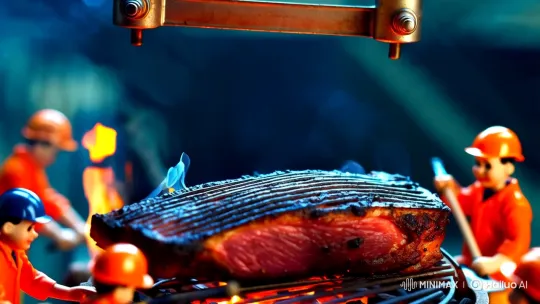 Miniature Construction Scene with Dramatic Charred Beef and Melting Butter – AI Generated Video | Hailuo AI