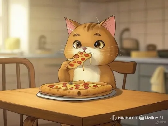 Animated Cat Enjoys Eating Pepperoni Pizza – AI Generated Video | Hailuo AI