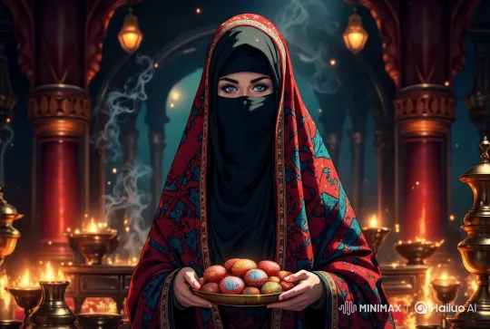Eid Celebration: Girl Serves Sweets Amidst Incense and Neon Greetings – AI Generated Video | Hailuo AI