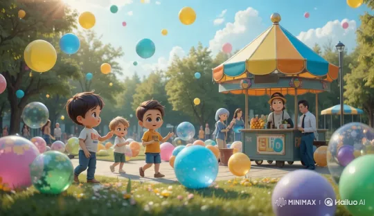 Vibrant Park Scene with Children and Balloons – AI Generated Video | Hailuo AI