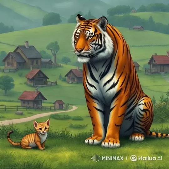 Peaceful Coexistence: Cat and Tiger in Serene Landscape – AI Generated Video | Hailuo AI
