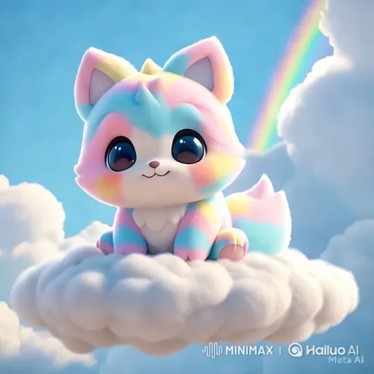 Whimsical Cat on Clouds with Rainbow Background – AI Generated Video | Hailuo AI