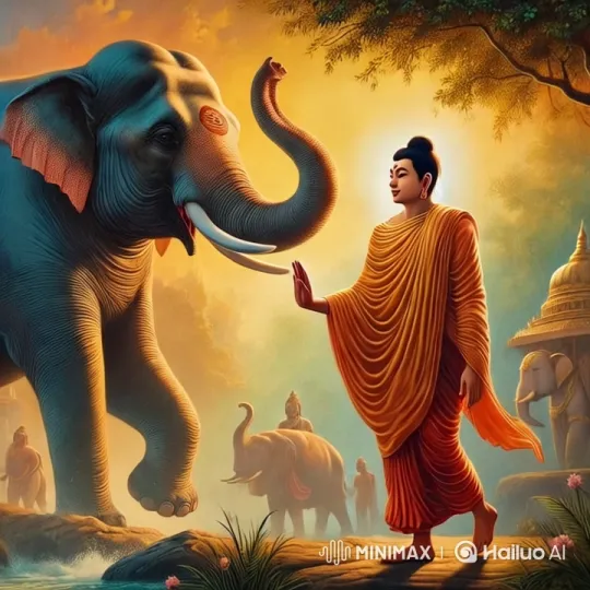 Peaceful Encounter: Elephant Meets Monastic Figure – AI Generated Video | Hailuo AI