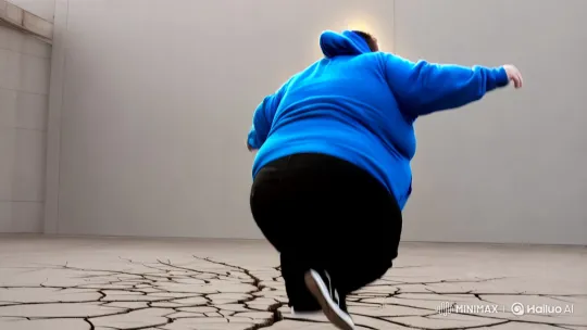 Vivid Blue Hoodie Man Creates Cracks on Minimalist Ground – AI Generated Video | Hailuo AI