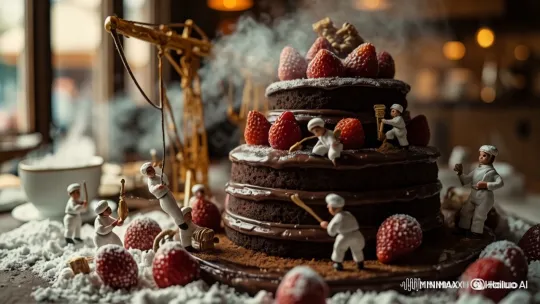 Tiny Workers Assemble Massive Chocolate Cake in Café Setting – AI Generated Video | Hailuo AI