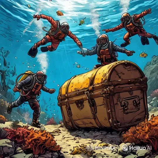 Divers Explore Ornate Chest Amidst Vibrant Underwater Scene – AI Generated Video | Hailuo AI