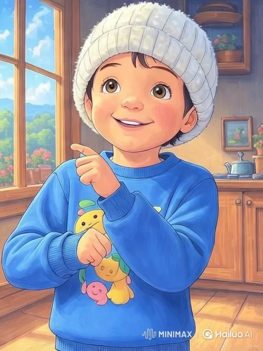 Cheerful Child in Sunny Kitchen with Cartoon Sweater – AI Generated Video | Hailuo AI