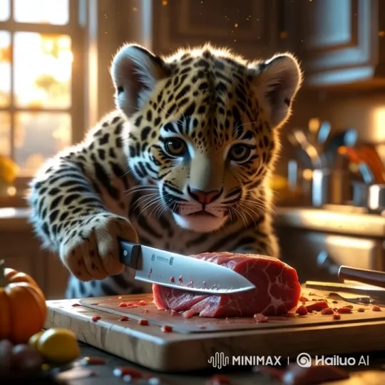 Leopard Skillfully Slices Meat in Cozy Kitchen Setting – AI Generated Video | Hailuo AI