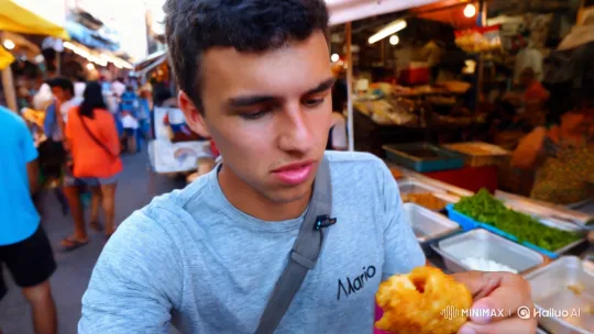 Young Man Savors Coxinha in Brazilian Market Scene – AI Generated Video | Hailuo AI
